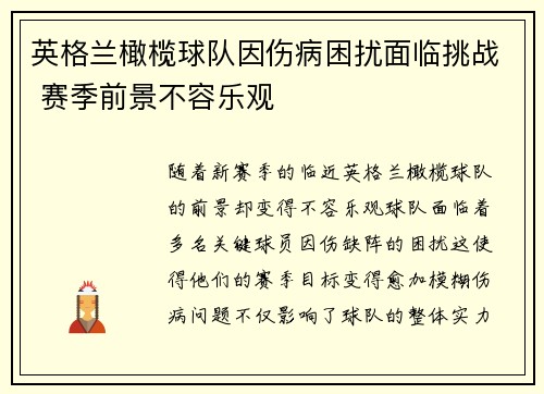 英格兰橄榄球队因伤病困扰面临挑战 赛季前景不容乐观