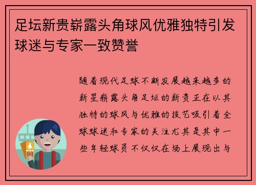 足坛新贵崭露头角球风优雅独特引发球迷与专家一致赞誉